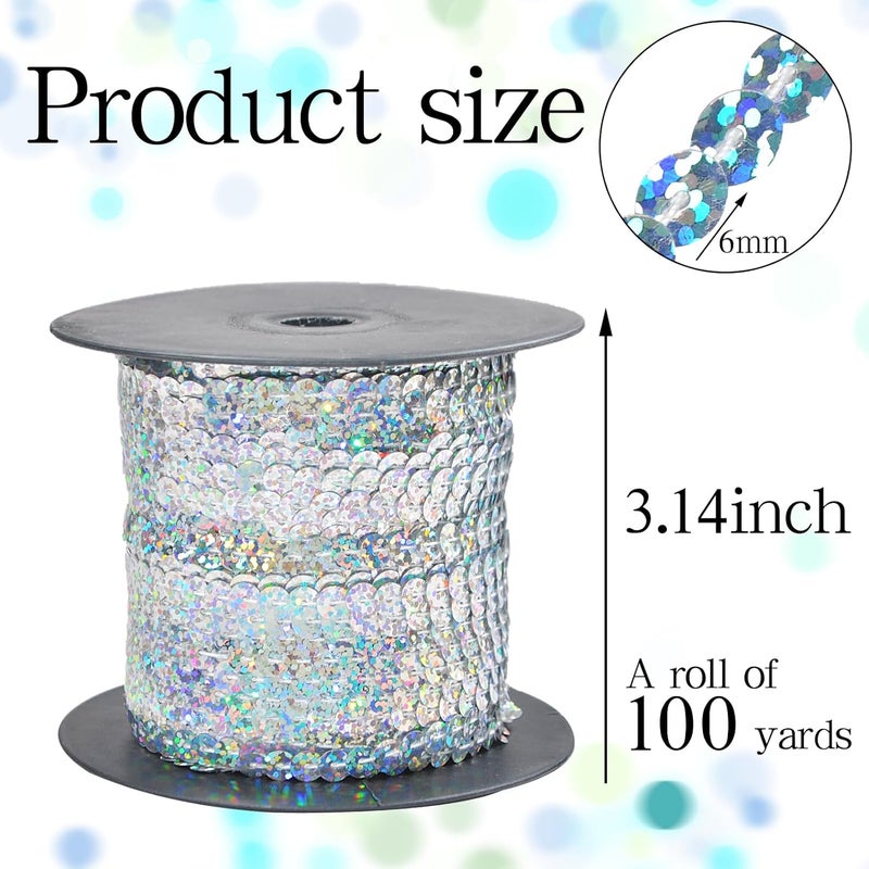 silllule 100 Yards Flat Round Sequin Trim String,6 mm Silver Glitter Sequin Ribbon Metallic Trim Strand for Crafts Sewing Wedding Dress Clothes Party Embellish - Image 2